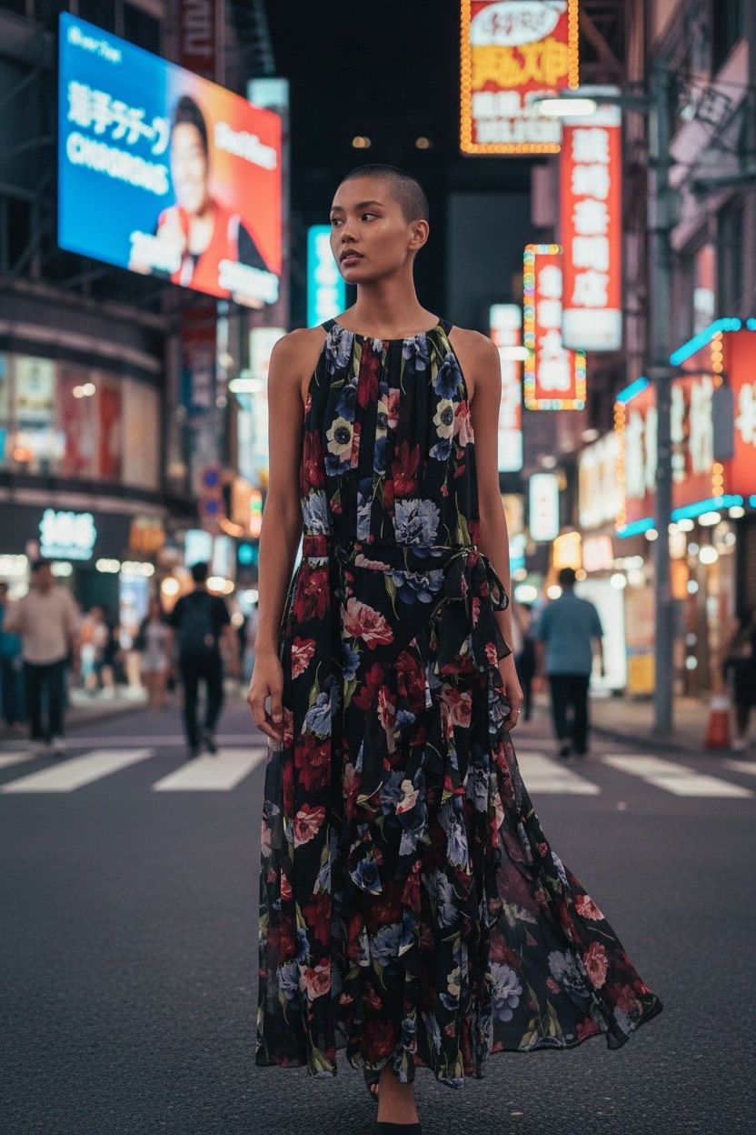 BETSY &amp; ADAM  PETIT PRINTED LONG HALT DRESS