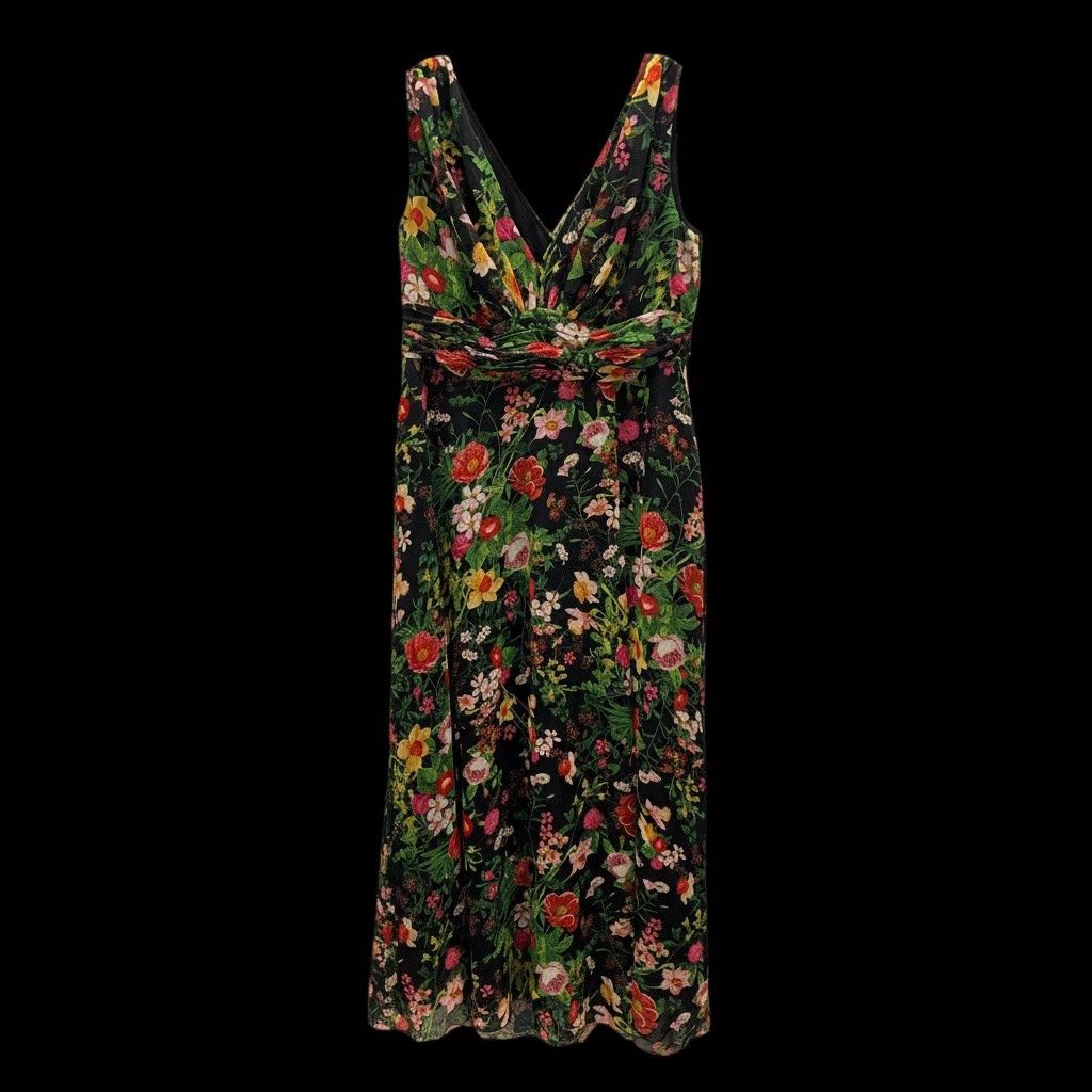 BETSY &amp; ADAM PLUS SIZE FLORAL PRINT V-NECK SLEEVELESS GOWN
