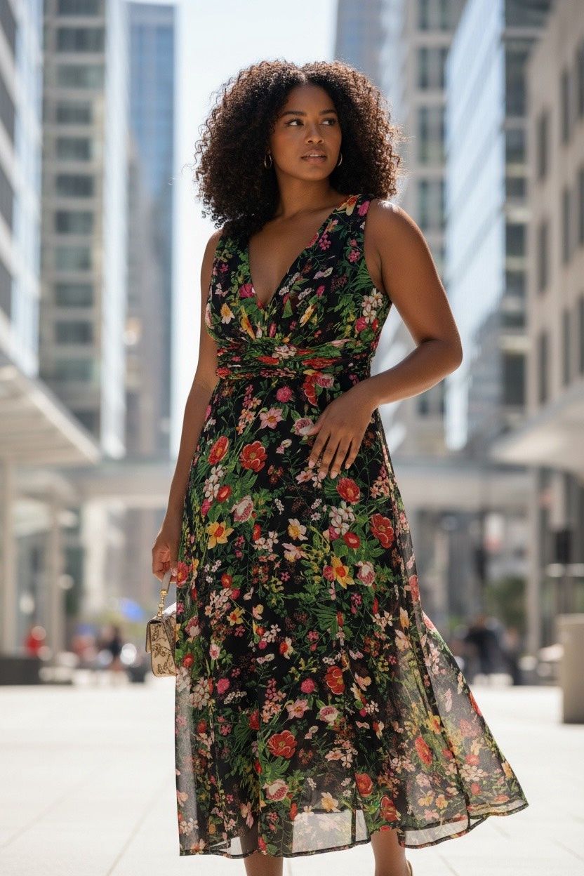 BETSY &amp; ADAM PLUS SIZE FLORAL PRINT V-NECK SLEEVELESS GOWN, Colour: BLACK FLORAL, Size: 16 W