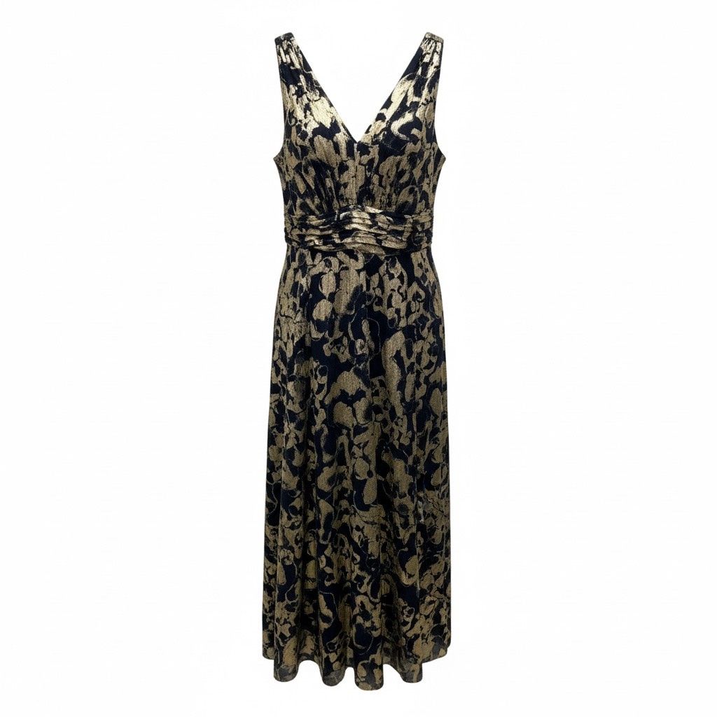 BETSY &amp; ADAM LONG FOIL V-NECK DRESS