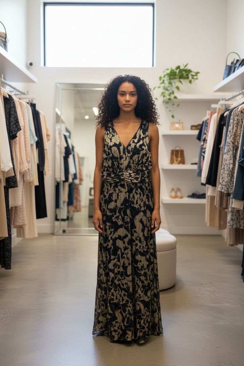 BETSY &amp; ADAM LONG FOIL V-NECK DRESS, Colour: NAVY GOLD, Size: 18 W