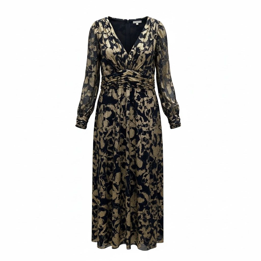 BETSEY &amp; ADAM PLUS SIZE V-NECK FOIL MESH A LINE DRESS