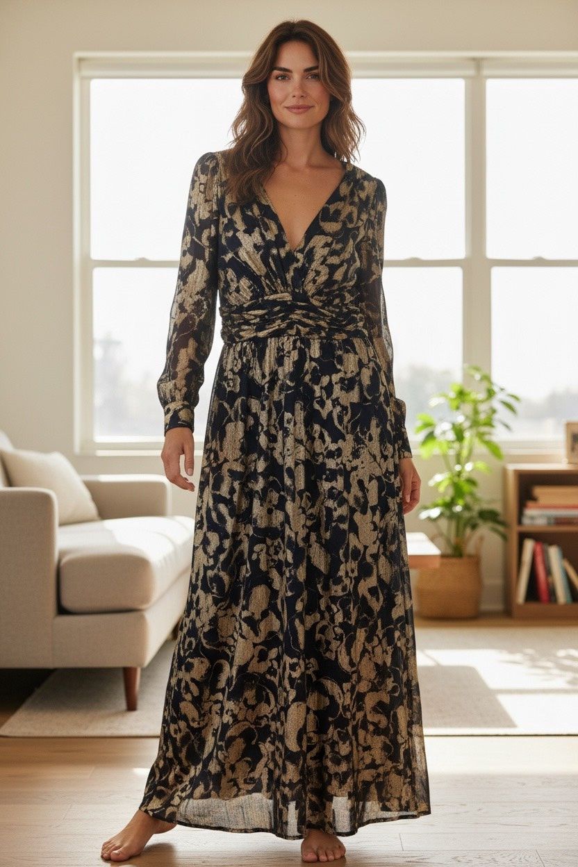 BETSEY &amp; ADAM PLUS SIZE V-NECK FOIL MESH A LINE DRESS