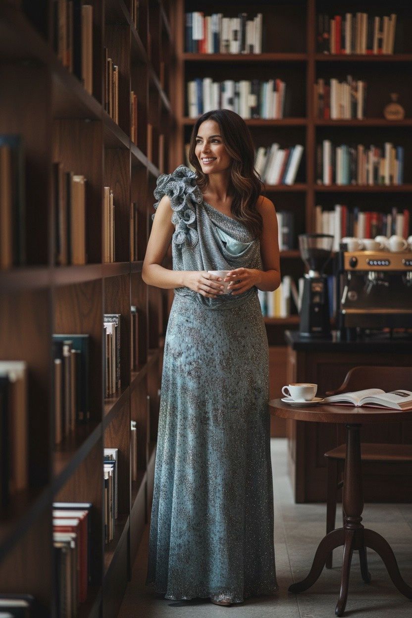 XSCAPE ON SHOULDER METALIC GOWN