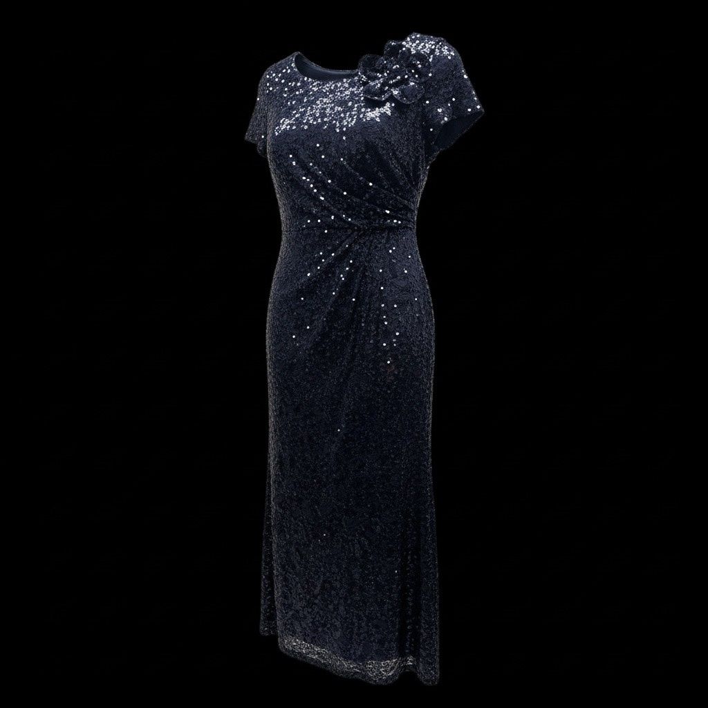 R &amp; M RICHARDS SEQUIN GOWN FLORAL SHOULDER