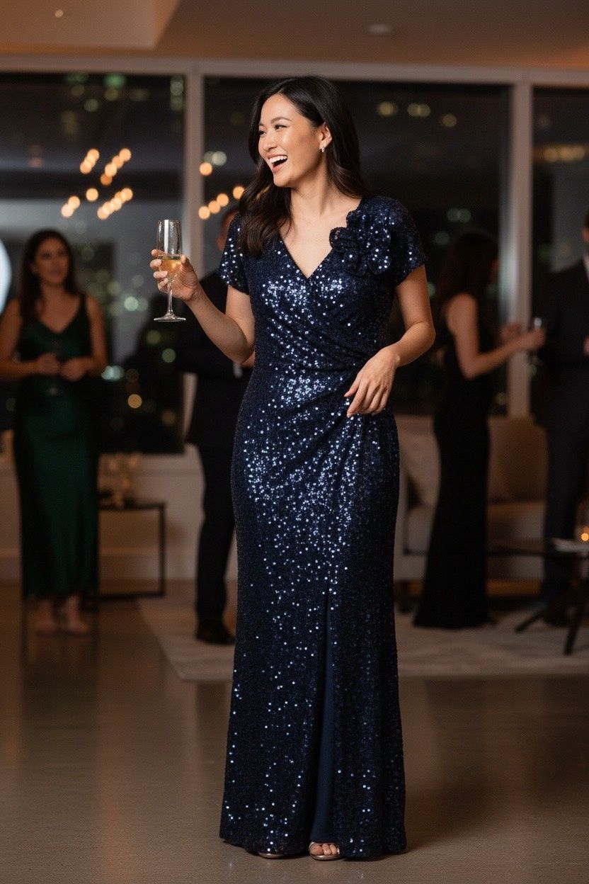 R &amp; M RICHARDS SEQUIN GOWN FLORAL SHOULDER