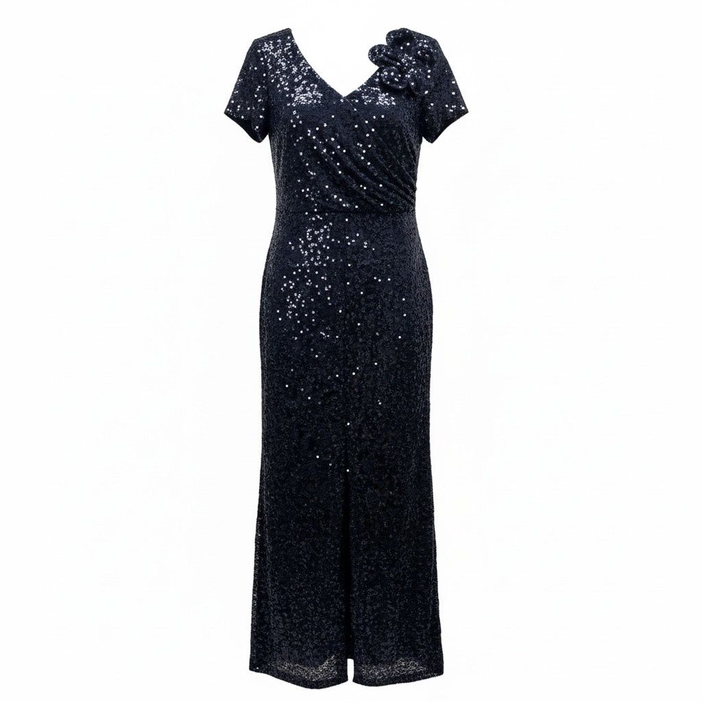 R &amp; M RICHARDS SEQUIN GOWN FLORAL SHOULDER