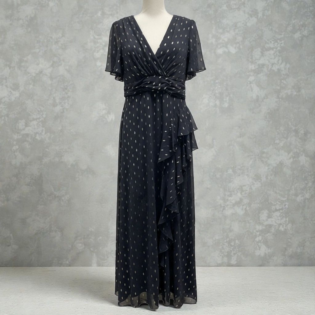 SL FASHION FOIL PRINT V-NECK RUFFLE-STRIM A-LINE DRESS