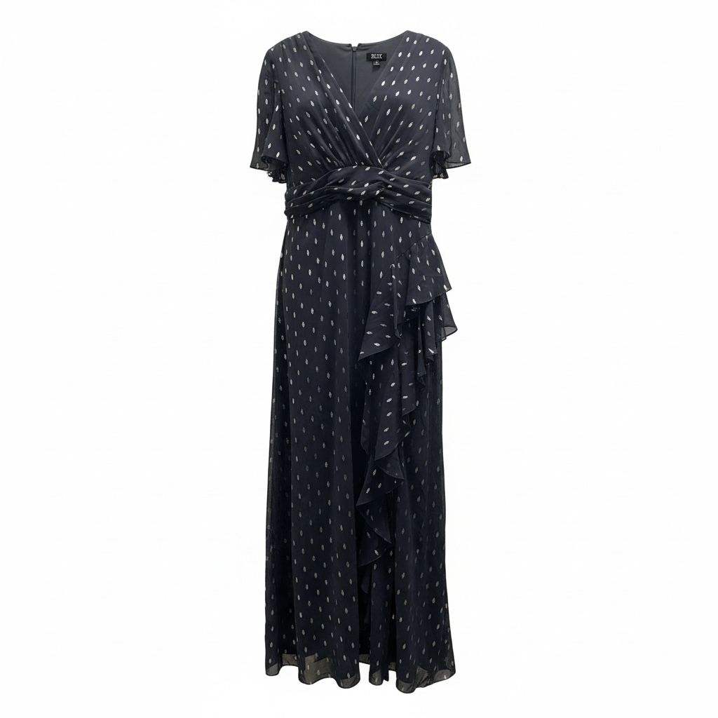 SL FASHION FOIL PRINT V-NECK RUFFLE-STRIM A-LINE DRESS