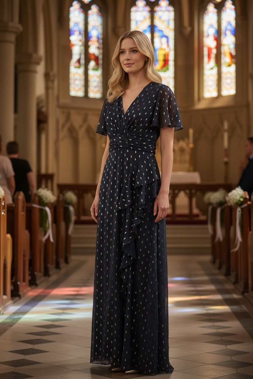 SL FASHION FOIL PRINT V-NECK RUFFLE-STRIM A-LINE DRESS, Colour: STEEL, Size: 10