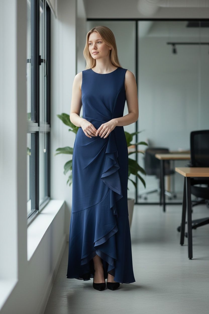 ADRIANNA PAPELL SLEVELESS RUFFLED HIGH-LOW GOWN