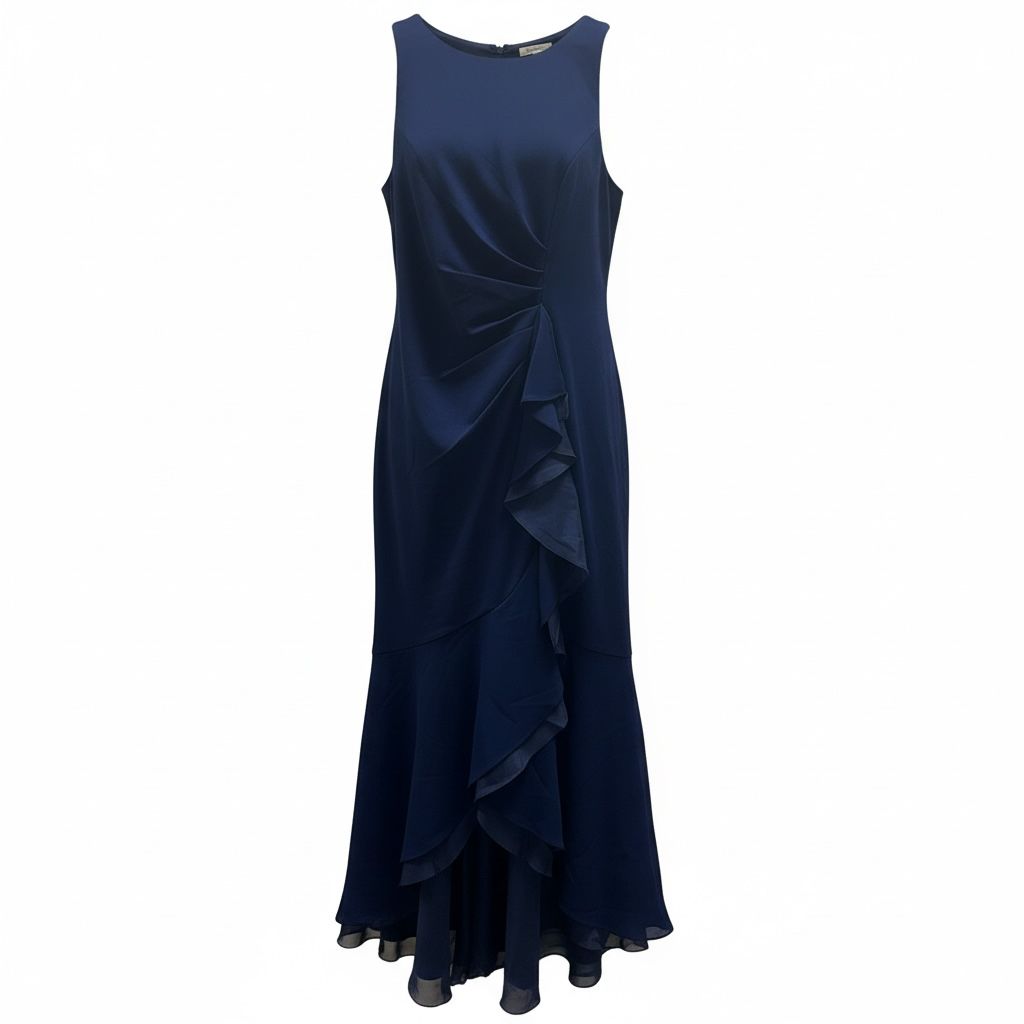 ADRIANNA PAPELL SLEVELESS RUFFLED HIGH-LOW GOWN, Colour: NAVY, Size: 14