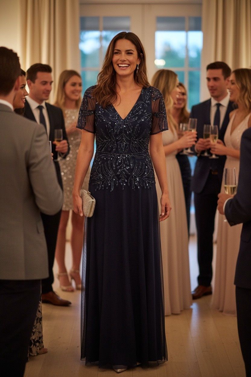 ADRIANNA PAPELL EMBLELLISHED MESH V-NECK GOWN