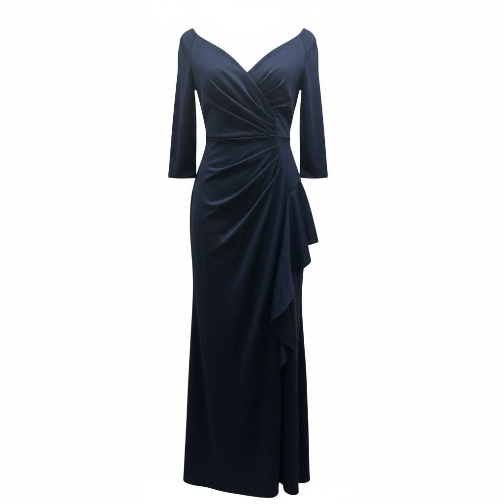 XSCAPE V-NECK RUFFLED SIDE SLIT SCUBA GOWN