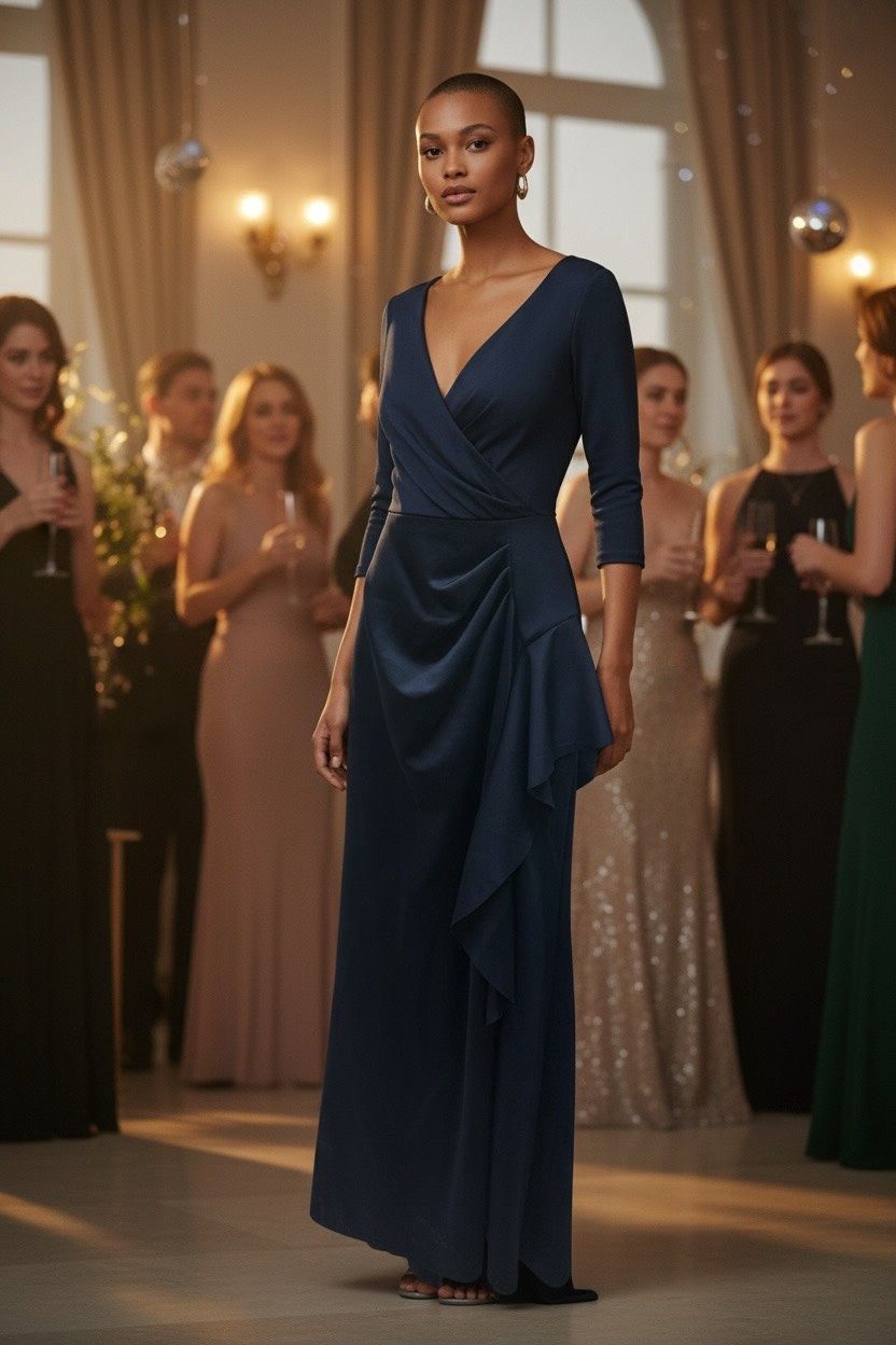 XSCAPE V-NECK RUFFLED SIDE SLIT SCUBA GOWN