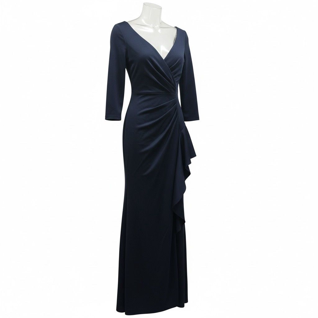 XSCAPE V-NECK RUFFLED SIDE SLIT SCUBA GOWN