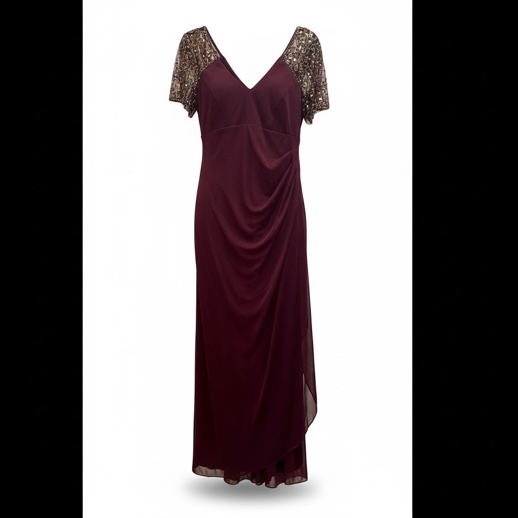 BETSY &amp; ADAM PLUS SIZE SEQUINED LACE RUCHED GOWN