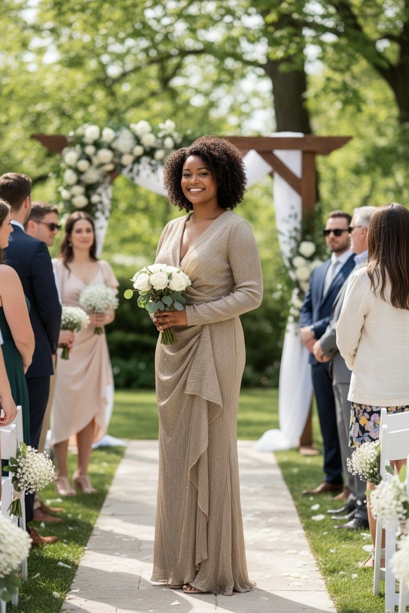 BETSY &amp; ADAM METALLIC RUFFLED GOWN