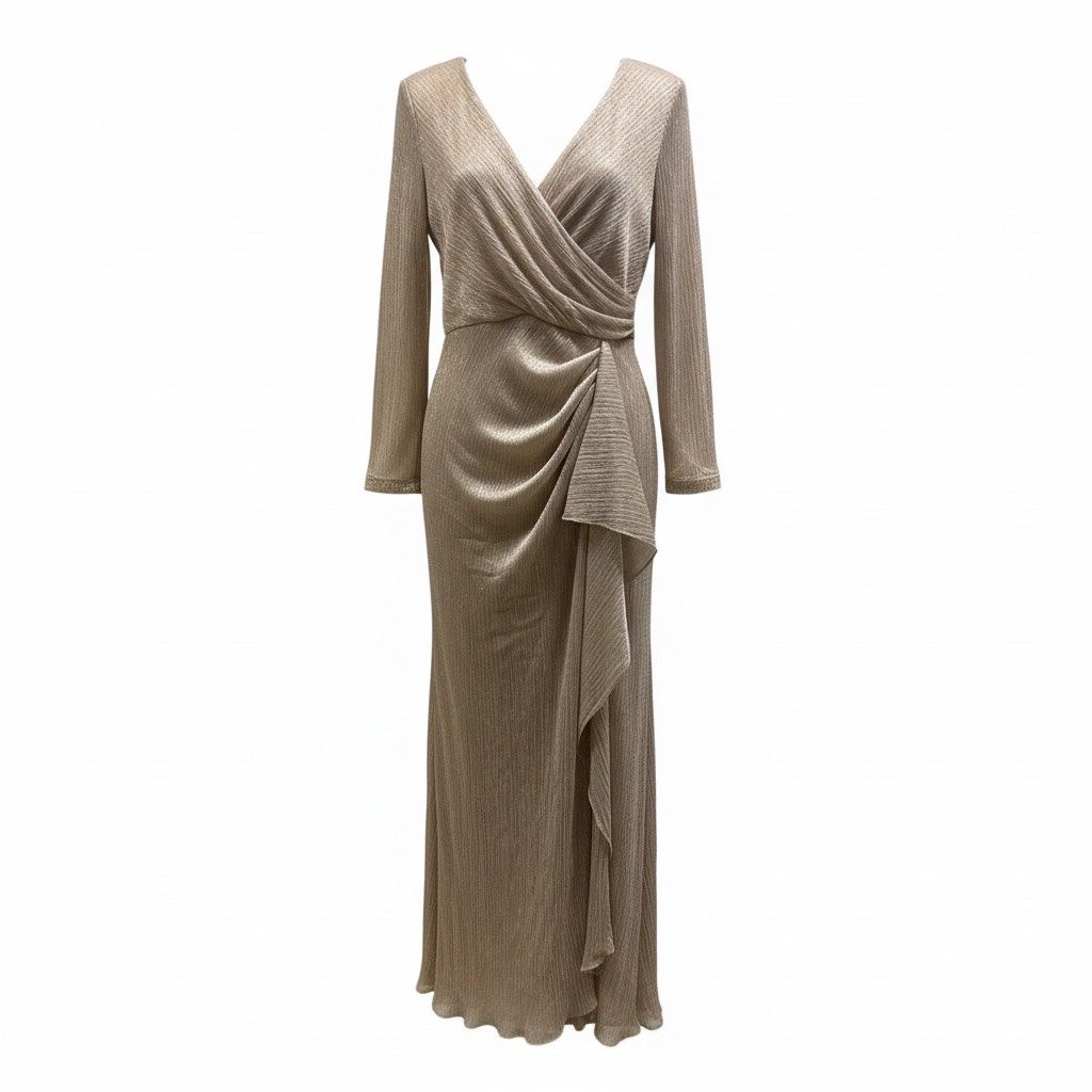 BETSY &amp; ADAM METALLIC RUFFLED GOWN, Colour: GOLD / SILVER, Size: US 14