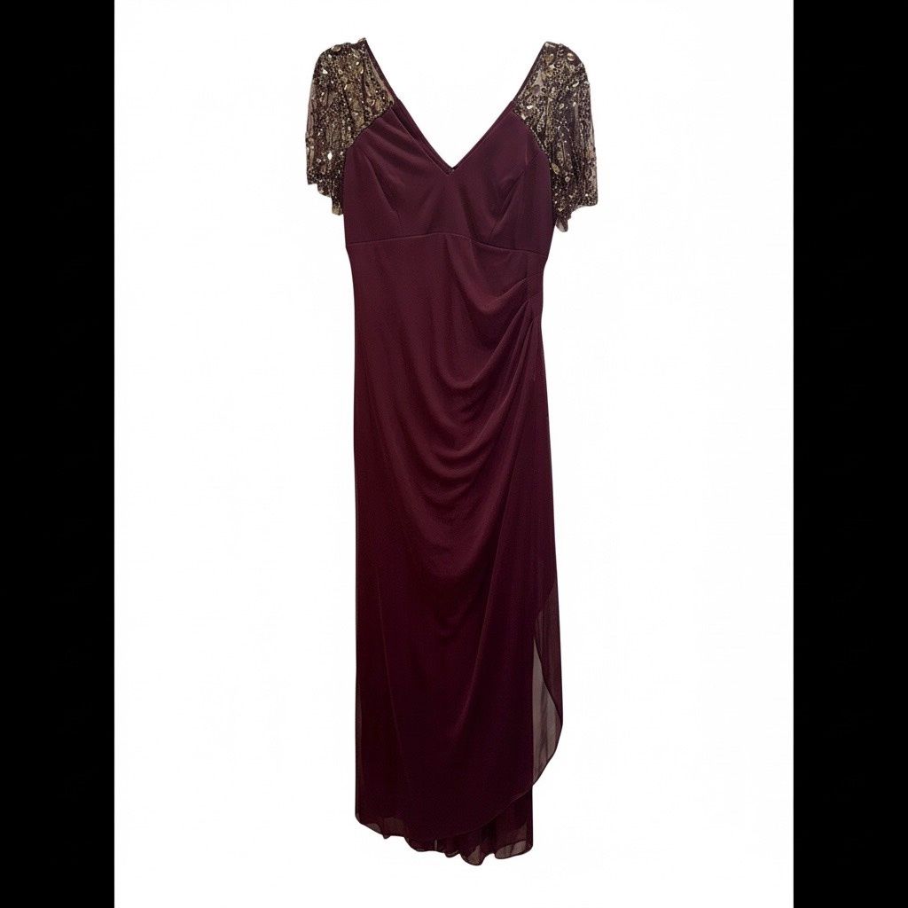 XSCAPE BEADED SLEEVE RUCHED COLUMN GOWN