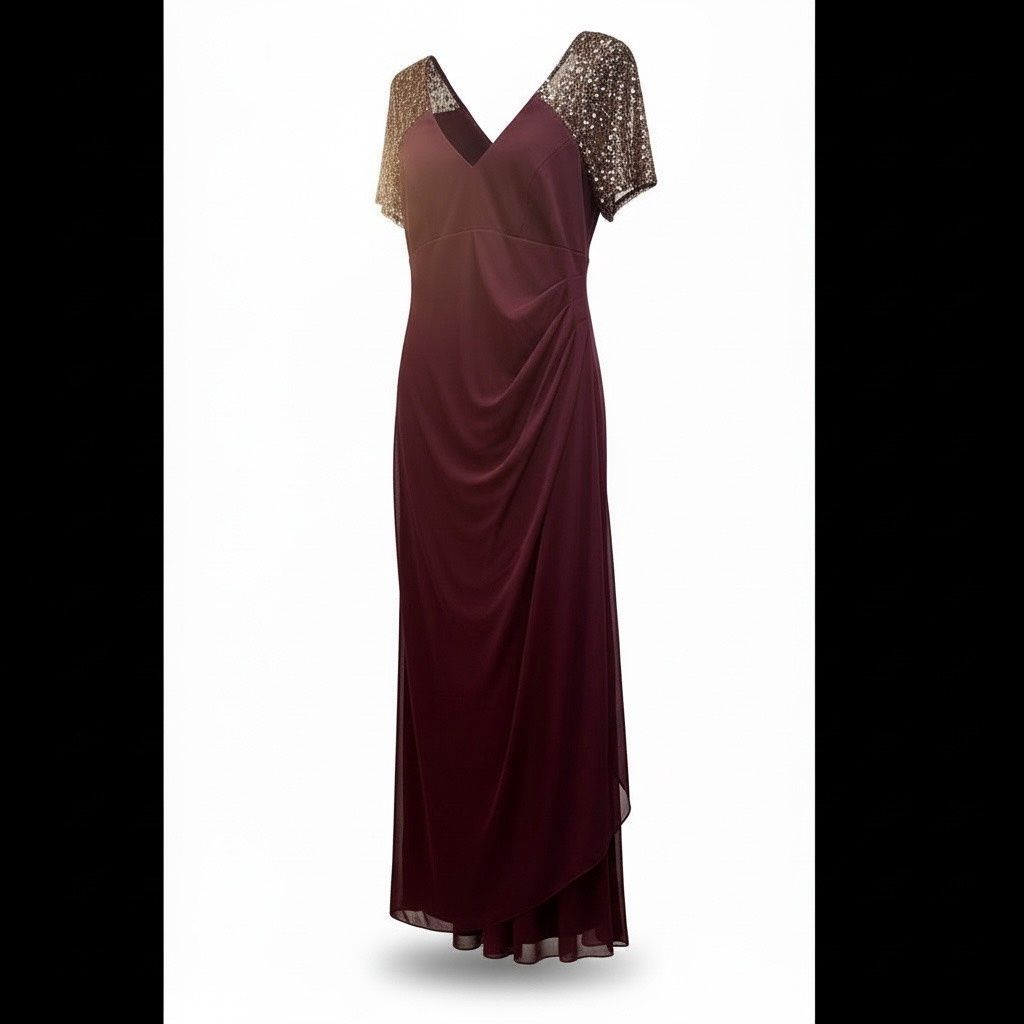 XSCAPE BEADED SLEEVE RUCHED COLUMN GOWN