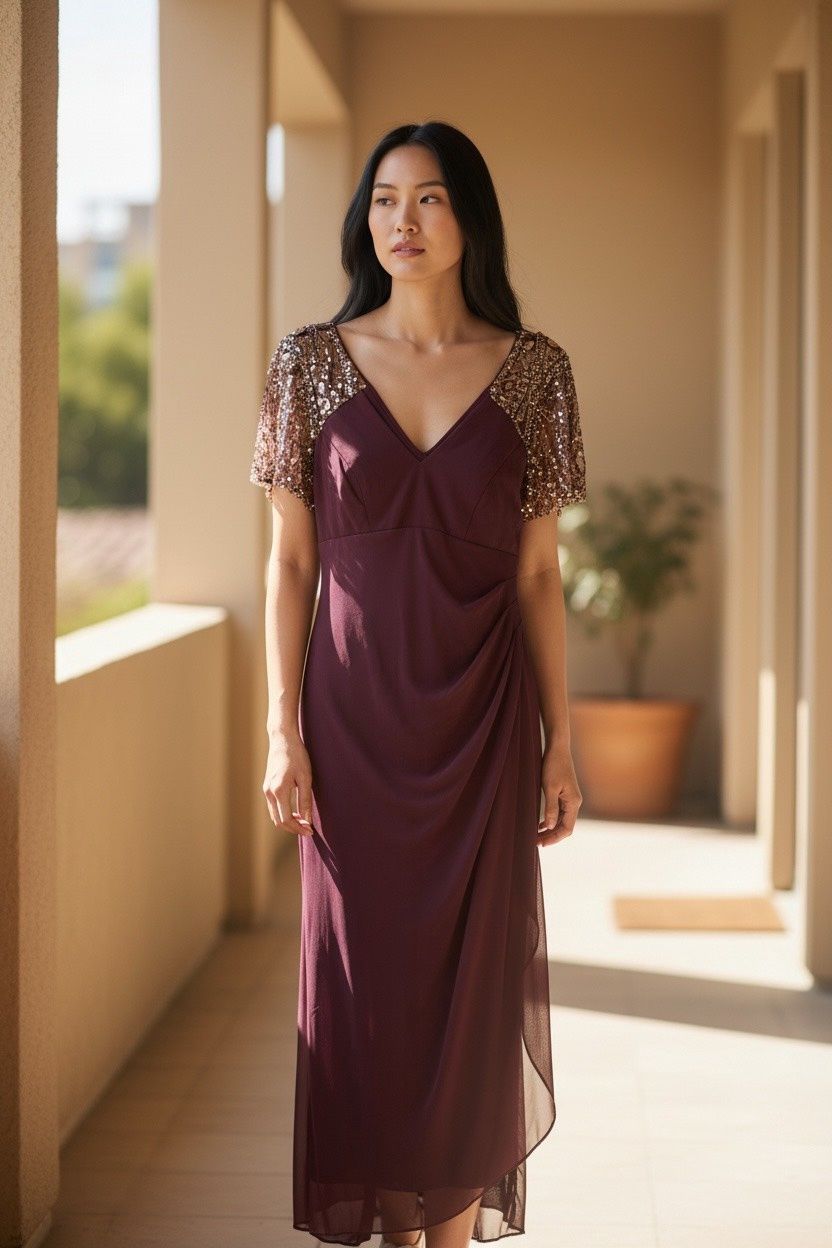 XSCAPE BEADED SLEEVE RUCHED COLUMN GOWN