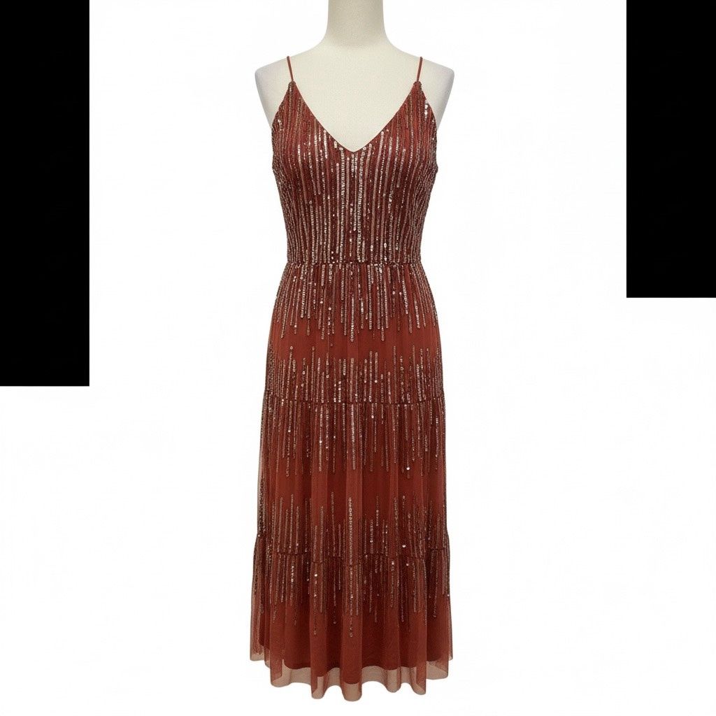 ADRIANNA PAPELL BEADED MESH TIERED DRESS