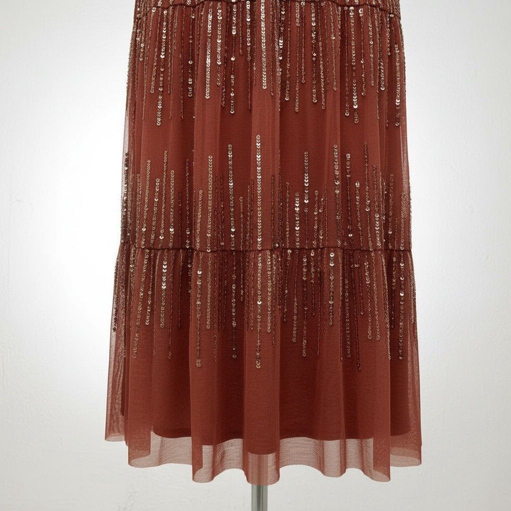 ADRIANNA PAPELL BEADED MESH TIERED DRESS