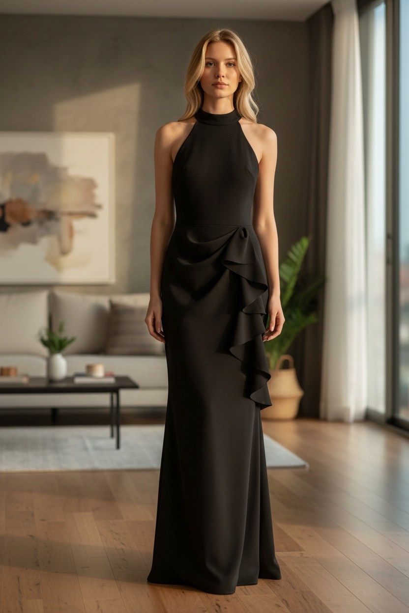 XSCAPE RUFFLED SLEEVELESS SCUBA FIT &amp; FLARE DRESS