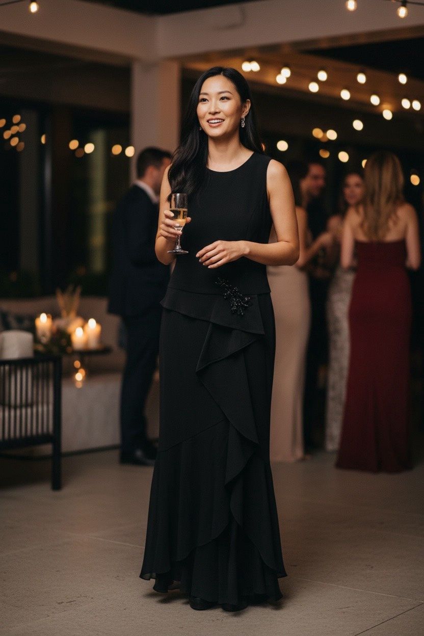 ADRIANNA PAPELL CASCADING-RUFFLE CREPE GOWN