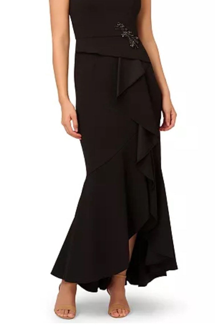 ADRIANNA PAPELL CASCADING-RUFFLE CREPE GOWN
