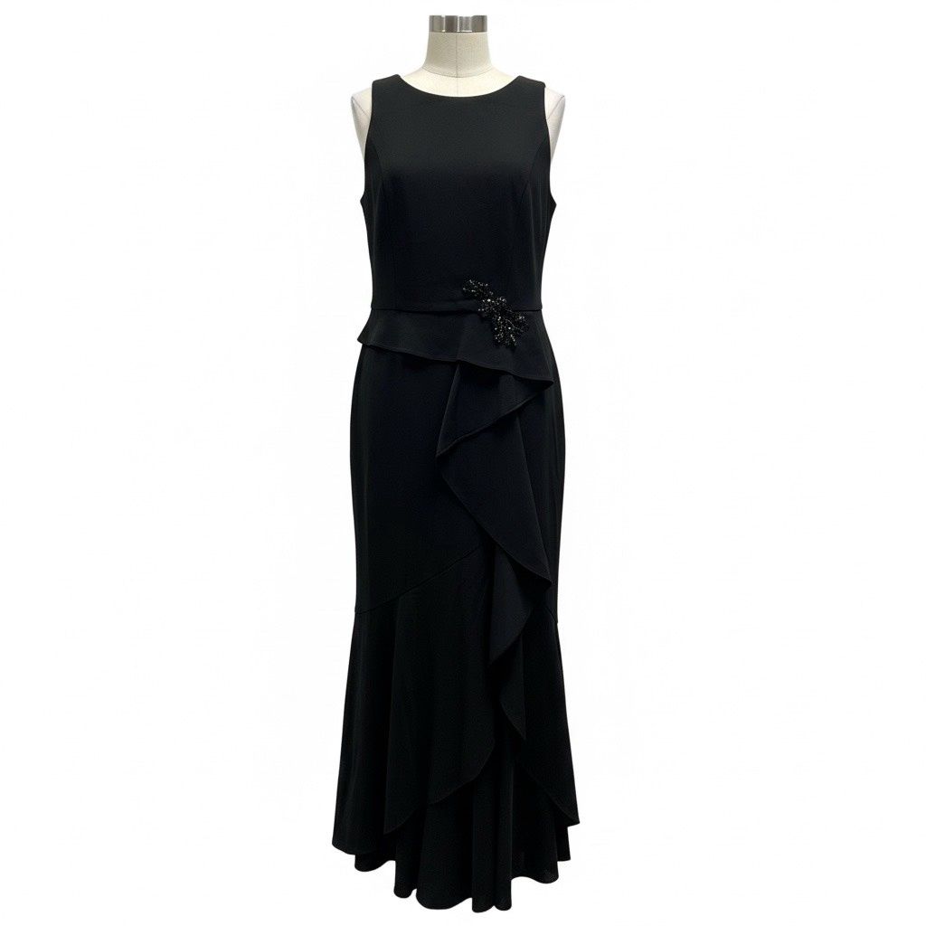 ADRIANNA PAPELL CASCADING-RUFFLE CREPE GOWN, Colour: BLACK, Size: 14 M