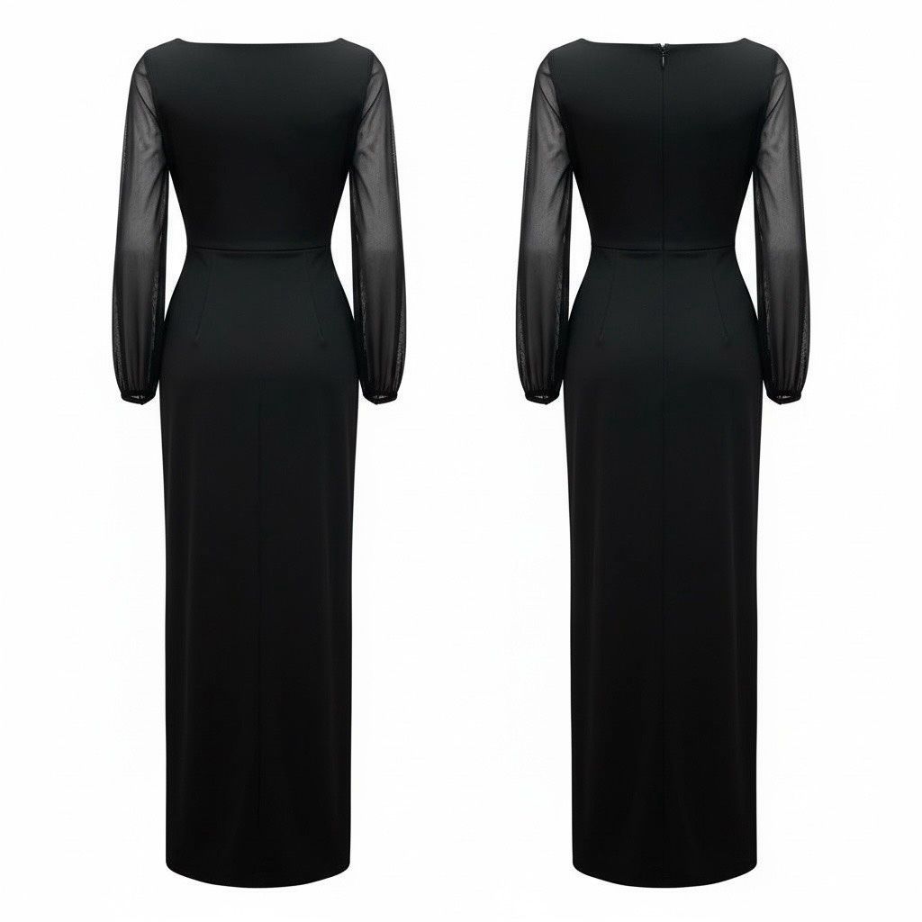 BETSY &amp; ADAM LONG OFF THE SHOULDER ILLUSION SLEEVE DRESS