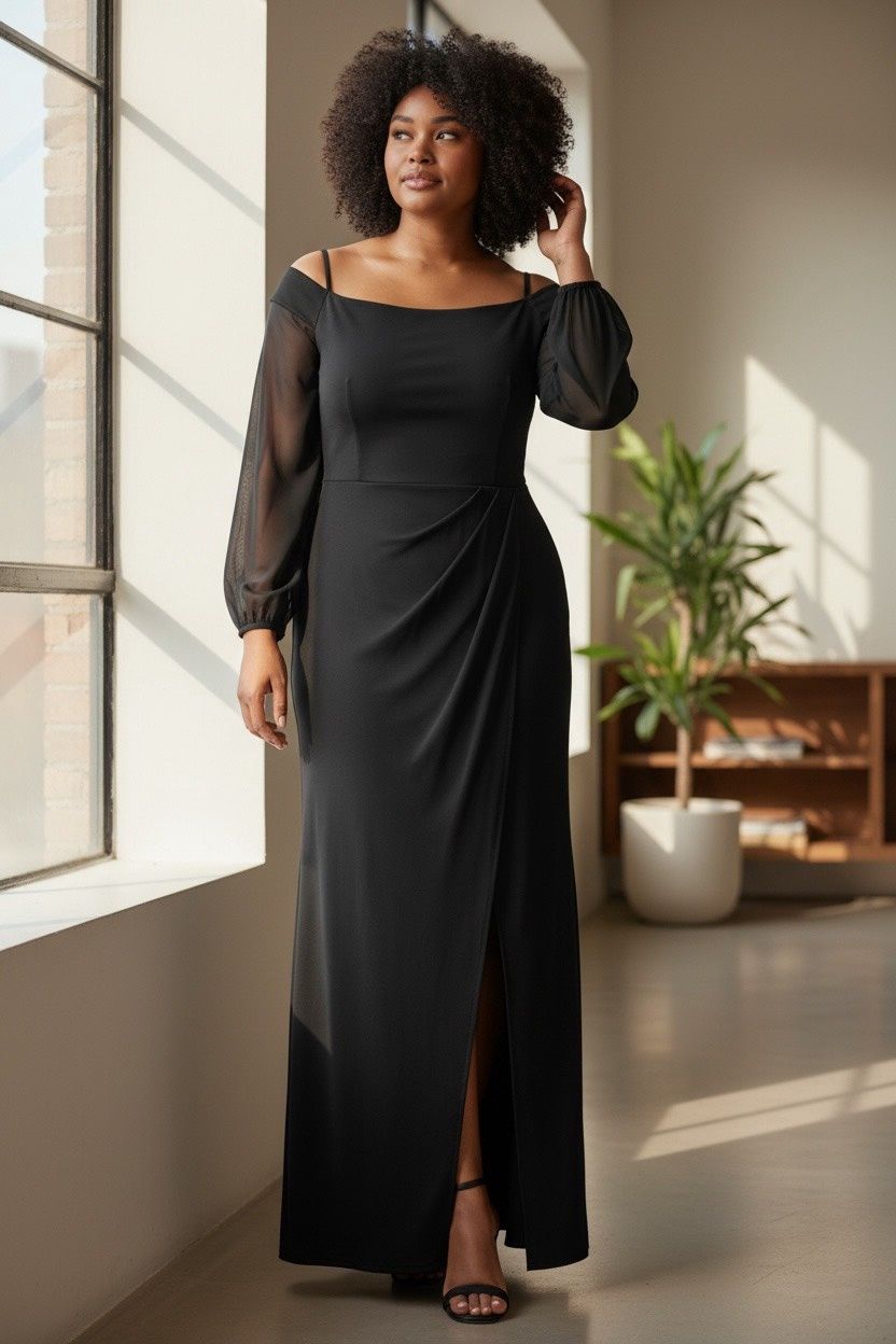 BETSY &amp; ADAM LONG OFF THE SHOULDER ILLUSION SLEEVE DRESS