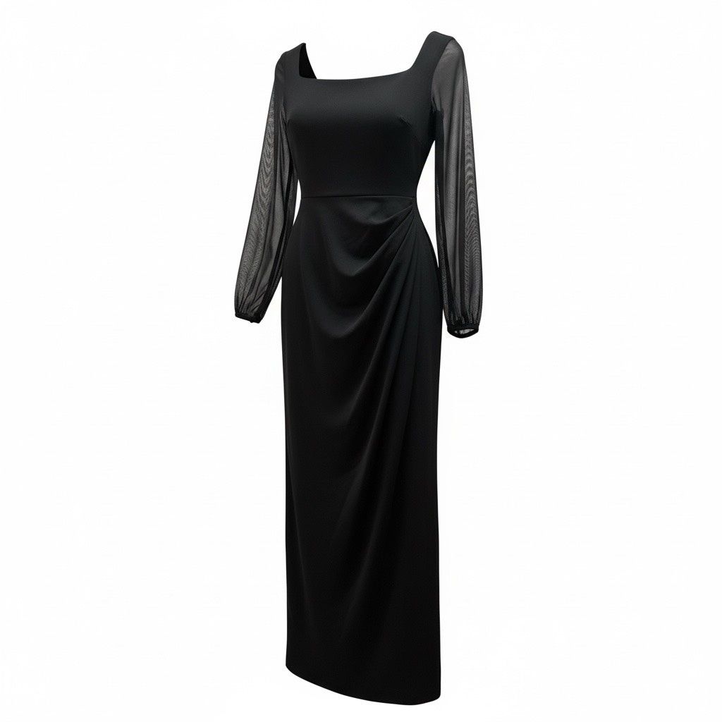 BETSY &amp; ADAM LONG OFF THE SHOULDER ILLUSION SLEEVE DRESS