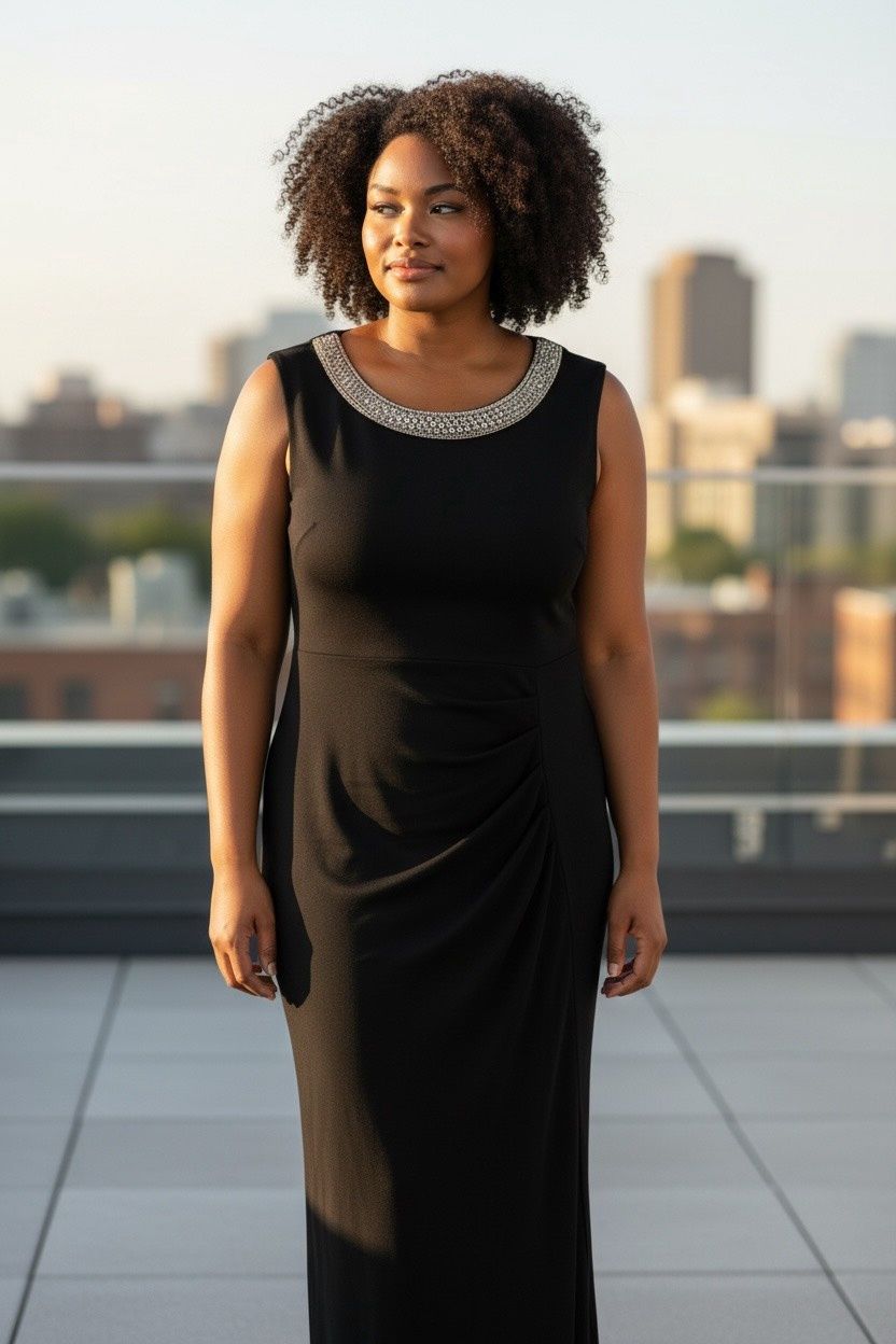 ALEX EVENINGS LONG JERSEY DRESS WITH EMBELLISHED NECKLINE