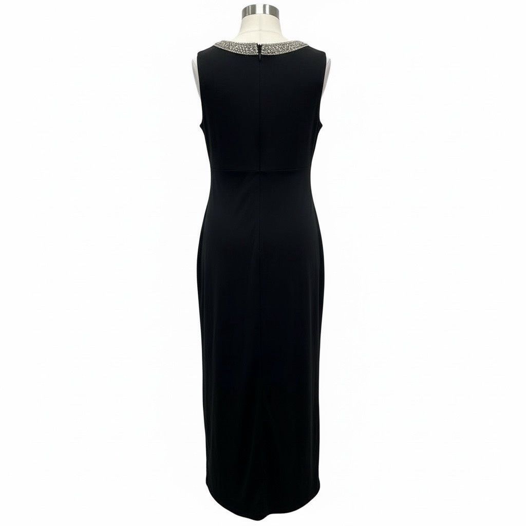 ALEX EVENINGS LONG JERSEY DRESS WITH EMBELLISHED NECKLINE