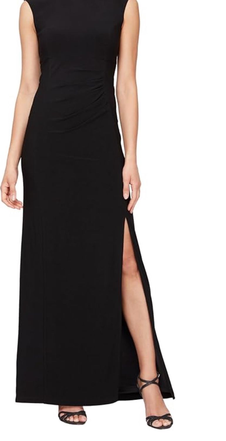 ALEX EVENINGS LONG JERSEY DRESS WITH EMBELLISHED NECKLINE