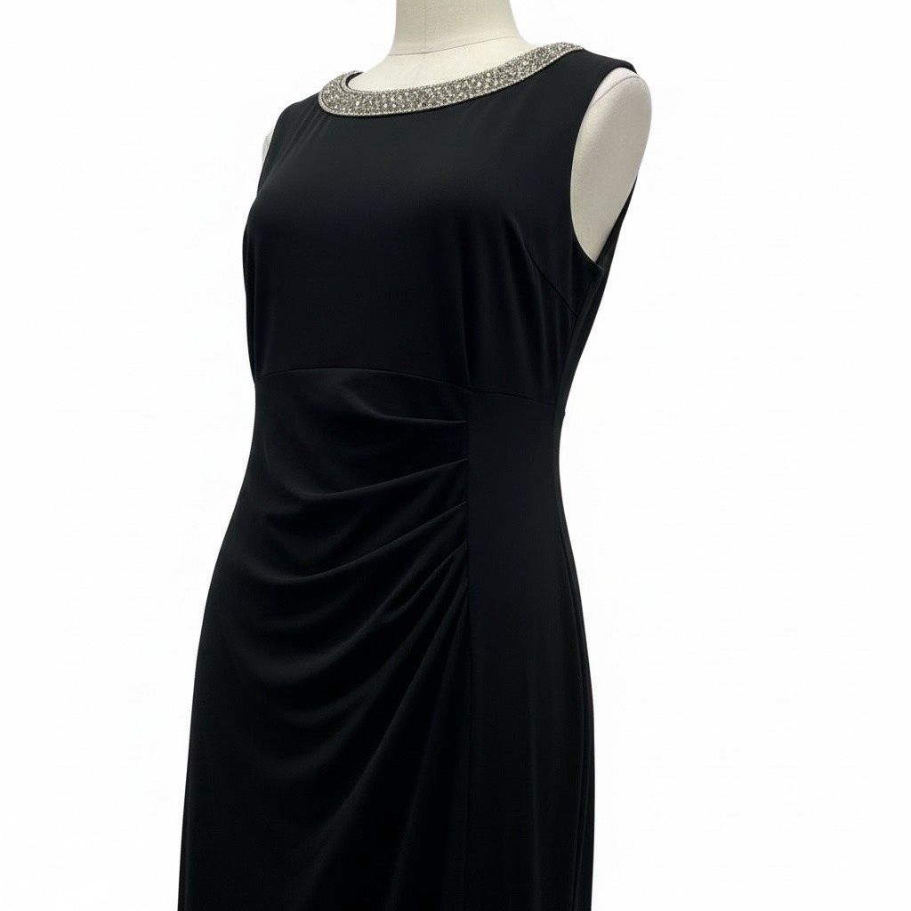 ALEX EVENINGS LONG JERSEY DRESS WITH EMBELLISHED NECKLINE, Colour: BLACK, Size: 16 P
