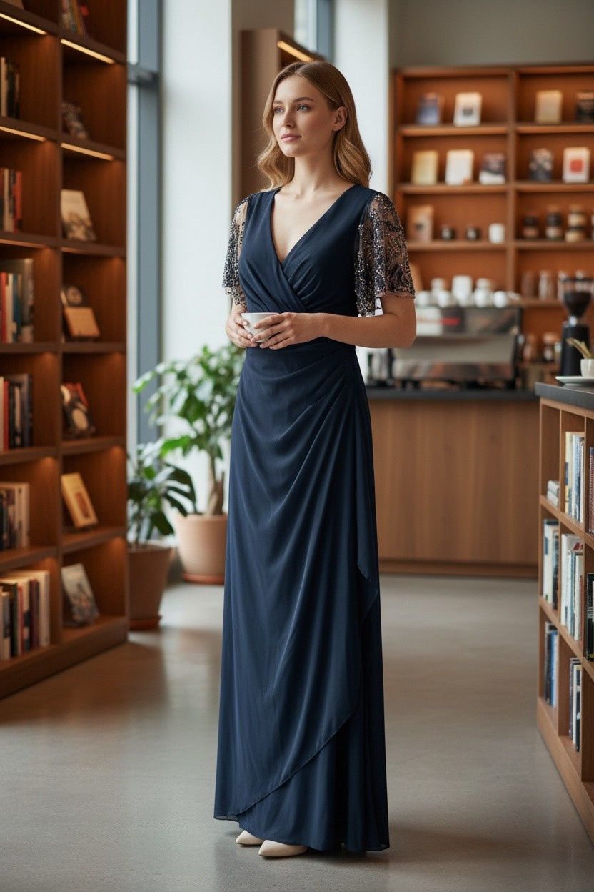 XSCAPE V- NECK FIT &amp; FLARE GOWN