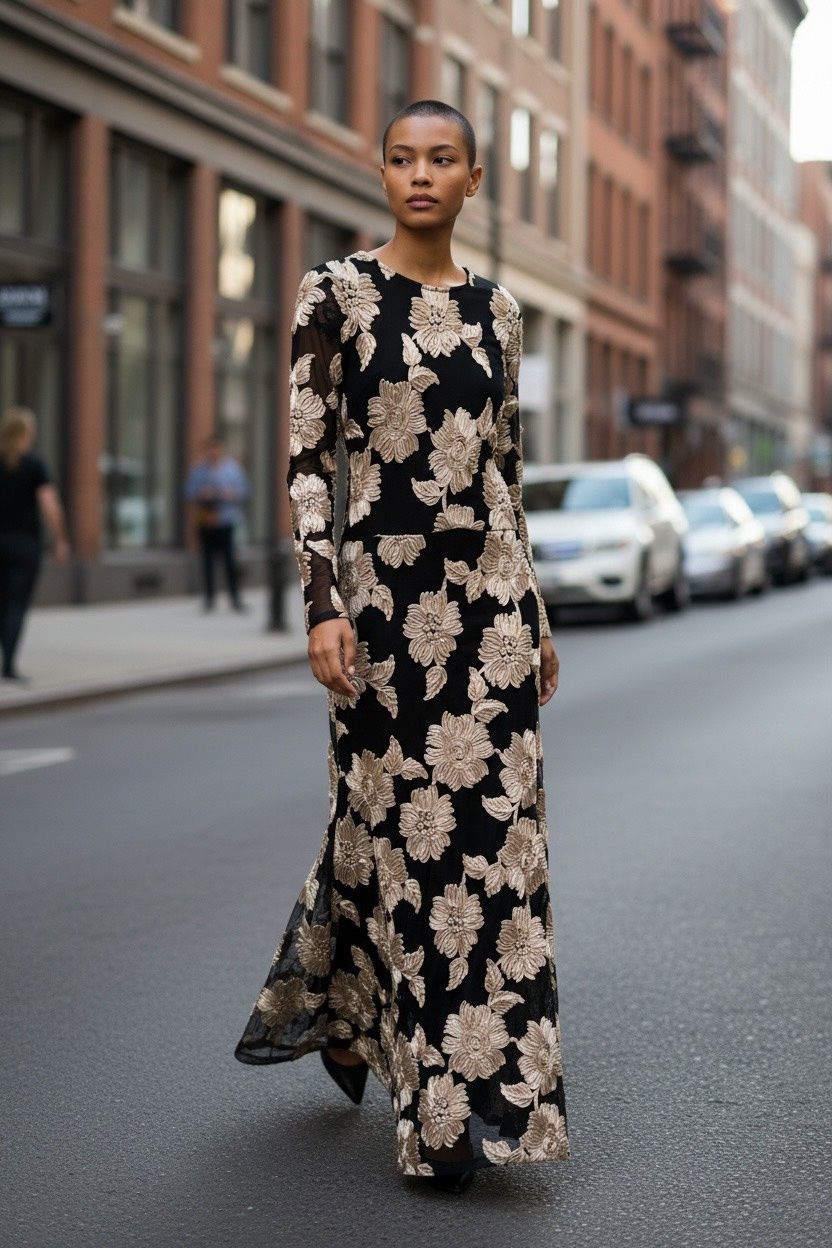 BETSY &amp; ADAM SOUTACHE MESH LONG SLEEVE FLOOR LENTH DRESS