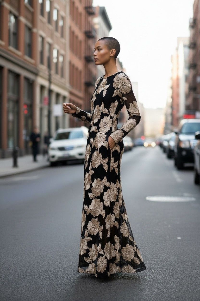 BETSY &amp; ADAM SOUTACHE MESH LONG SLEEVE FLOOR LENTH DRESS