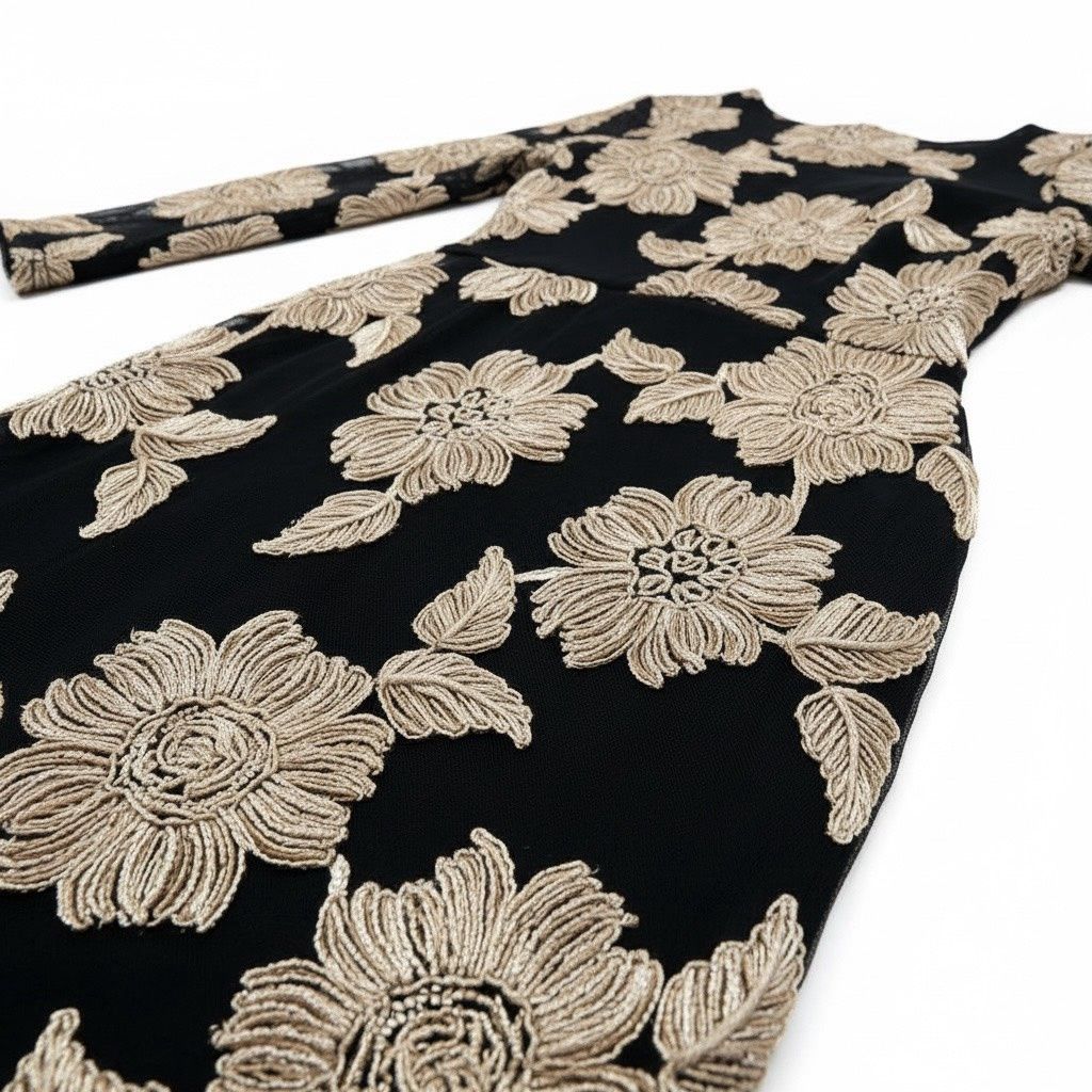 BETSY &amp; ADAM SOUTACHE MESH LONG SLEEVE FLOOR LENTH DRESS