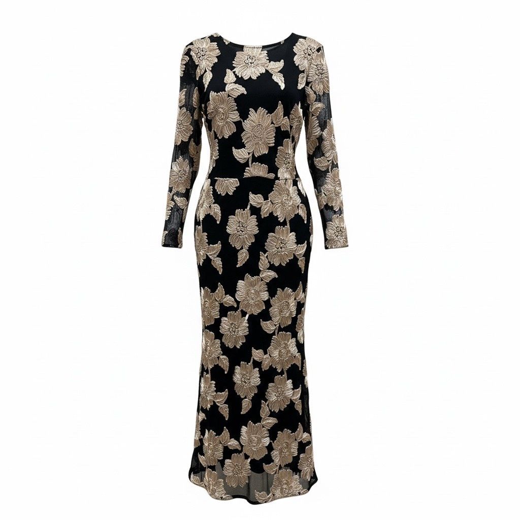 BETSY &amp; ADAM SOUTACHE MESH LONG SLEEVE FLOOR LENTH DRESS, Colour: BLACK / CHAMPAGNE, Size: 14 P