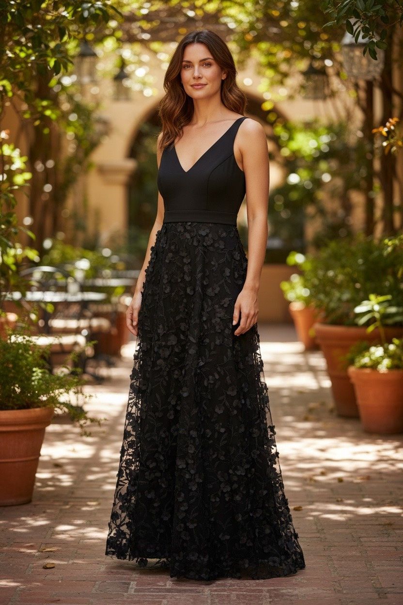 XSCAPE SHEER MATTE JERSEY &amp;  LACE V-NECK DRESS