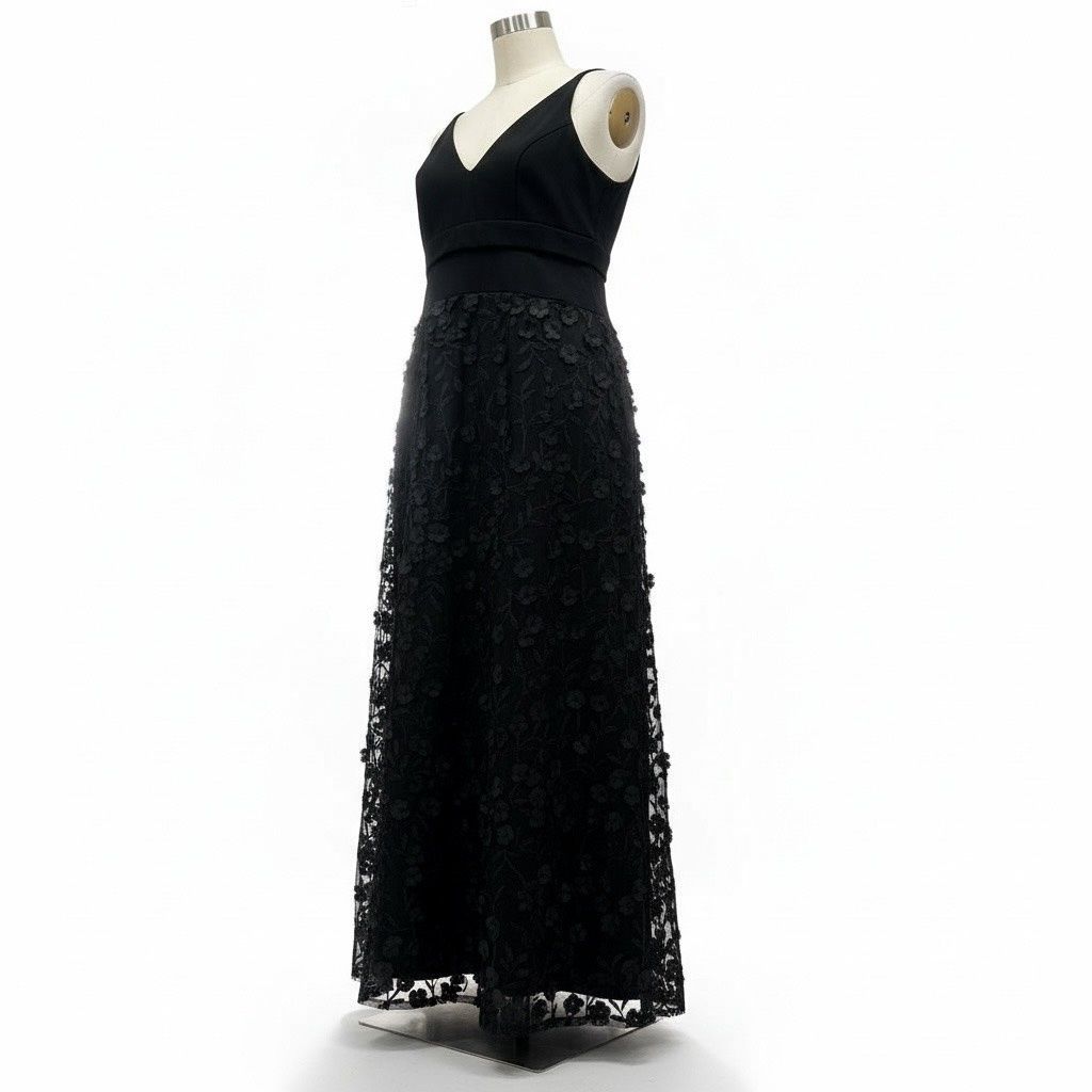 XSCAPE SHEER MATTE JERSEY &amp;  LACE V-NECK DRESS