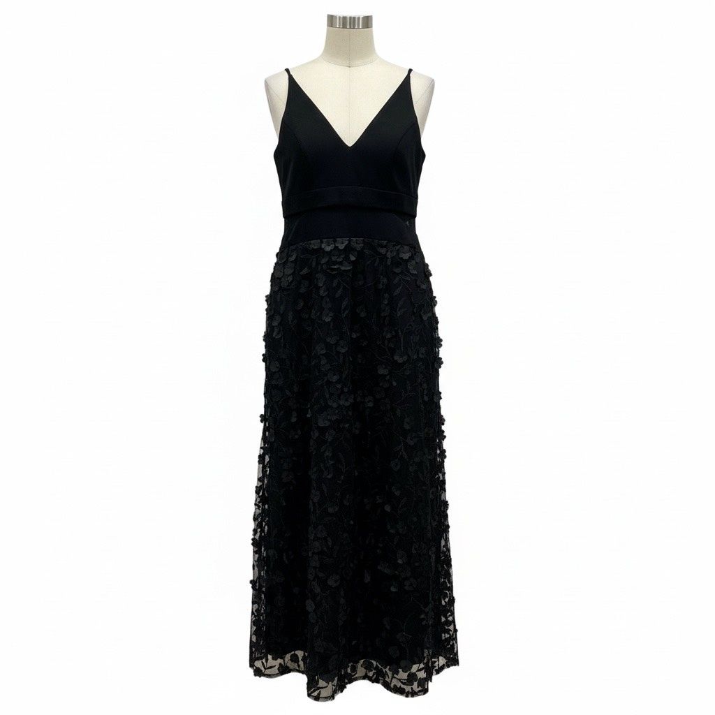 XSCAPE SHEER MATTE JERSEY &amp;  LACE V-NECK DRESS