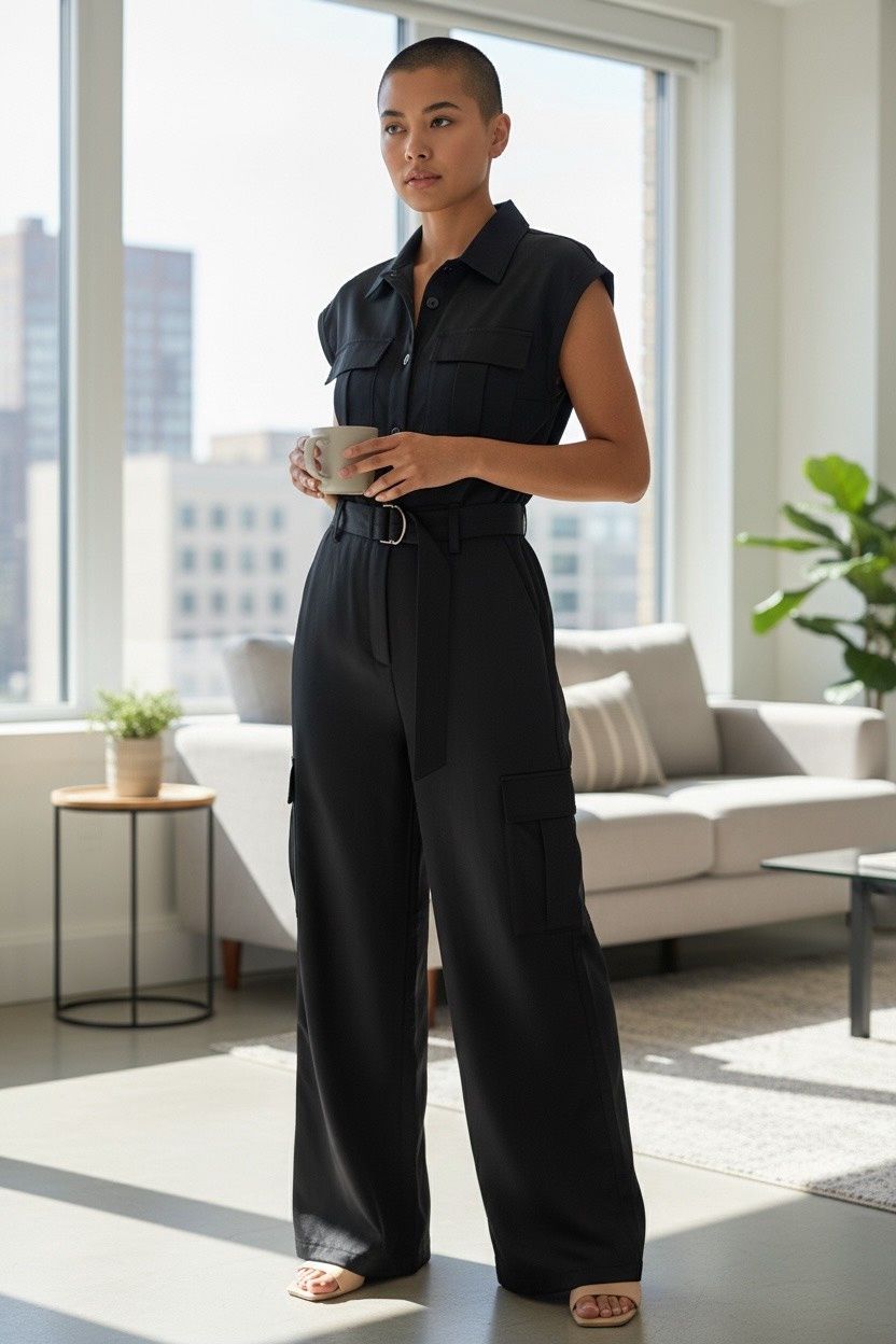 DKNY CAP-SLEEVE BELTED JUMPSUIT
