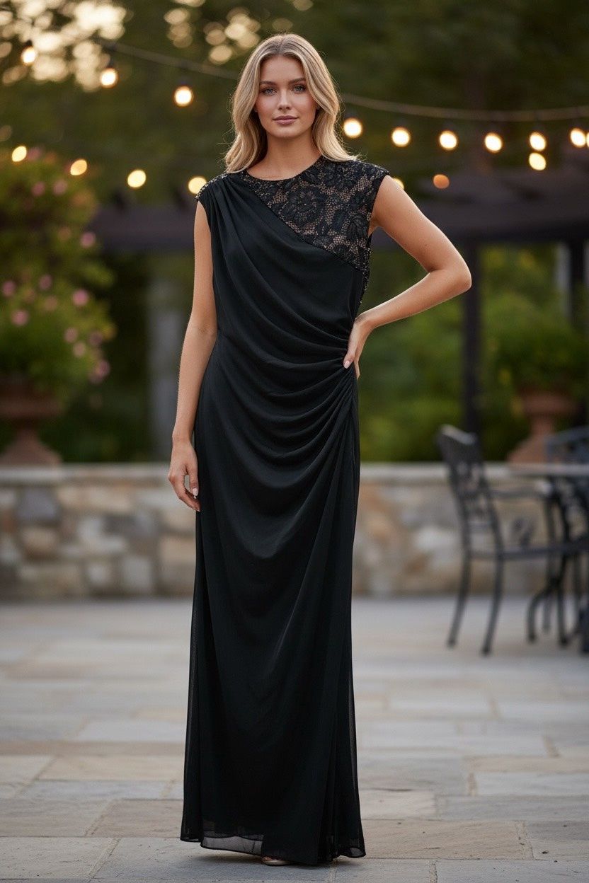BETSY &amp; ADAM LACE-TRIM RUSHED JERSEY GOWN