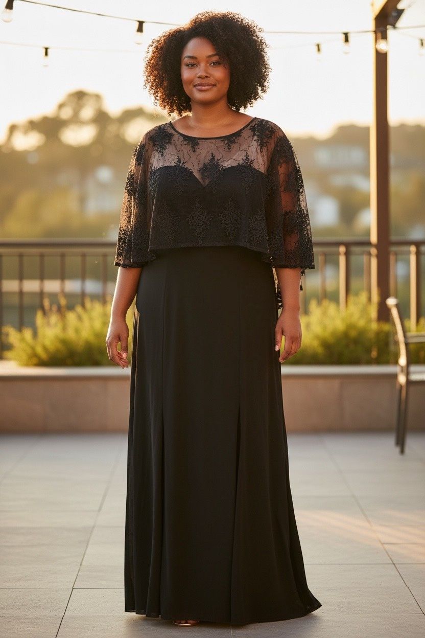 R &amp; M RICHARDS PLUS SIZE EMBROIDERED CAPELET GOWN
